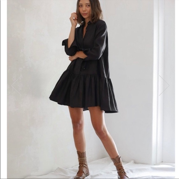 Morton Mac Black Linen Pleated Peplum Lotte Long Sleeve Shirt Dress OS - Picture 1 of 16